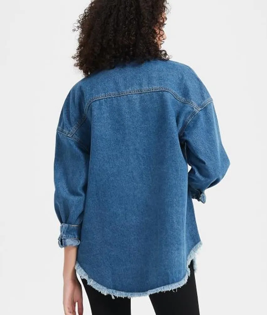 Kedera Women's Oversized Denim Jacket Casual Long Boyfriend Distresse Jean Shacket Jacket with Pockets