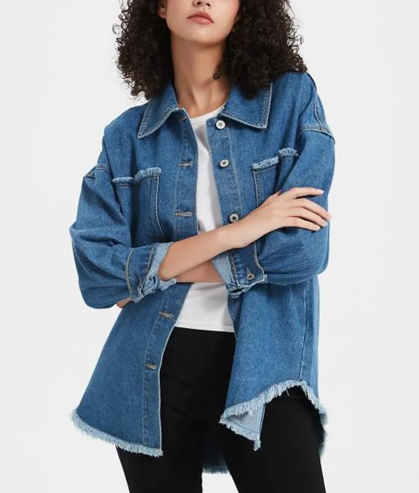 Kedera Women's Oversized Denim Jacket Casual Long Boyfriend Distresse Jean Shacket Jacket with Pockets