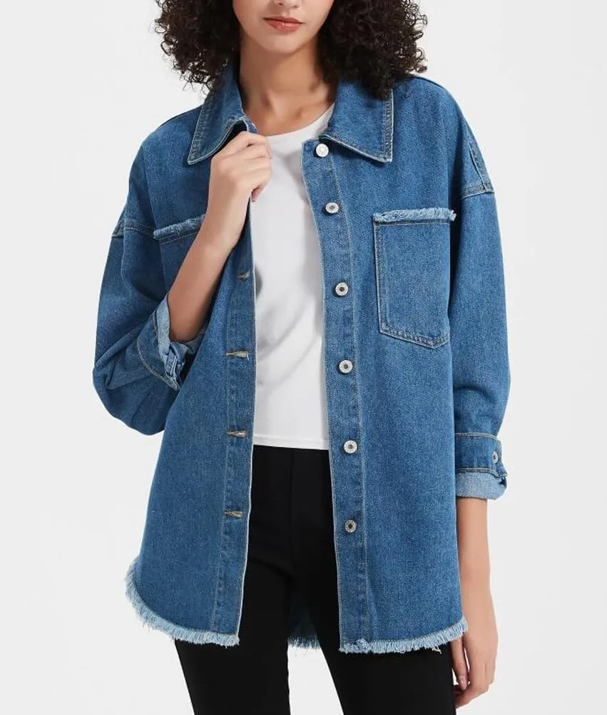 Kedera Women's Oversized Denim Jacket Casual Long Boyfriend Distresse Jean Shacket Jacket with Pockets