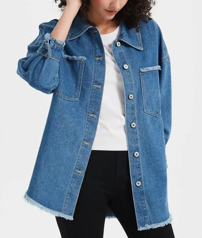 Kedera Women's Oversized Denim Jacket Casual Long Boyfriend Distresse Jean Shacket Jacket with Pockets