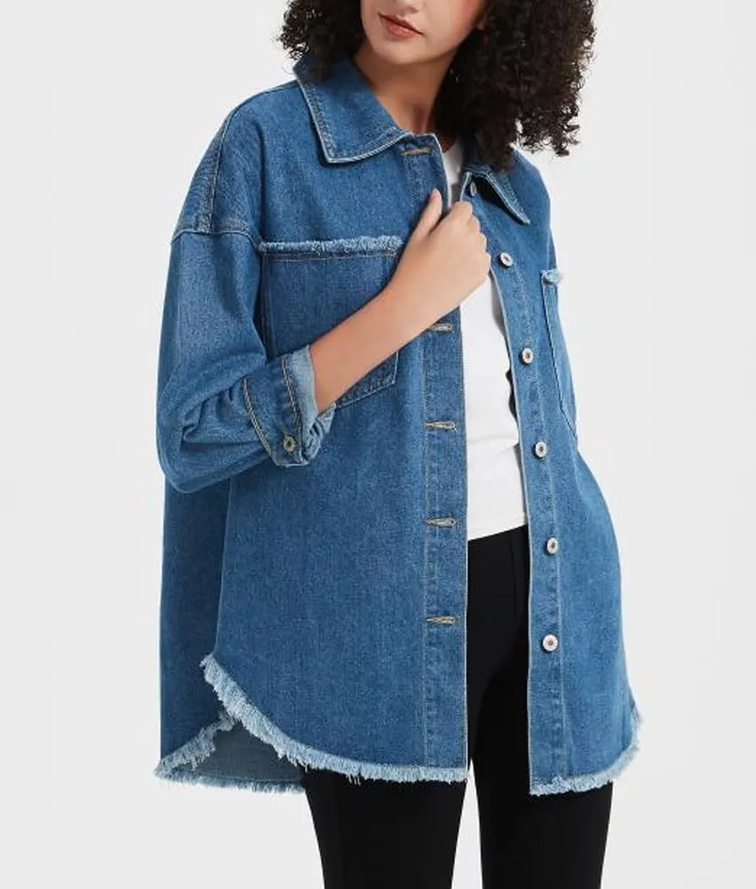Kedera Women's Oversized Denim Jacket Casual Long Boyfriend Distresse Jean Shacket Jacket with Pockets