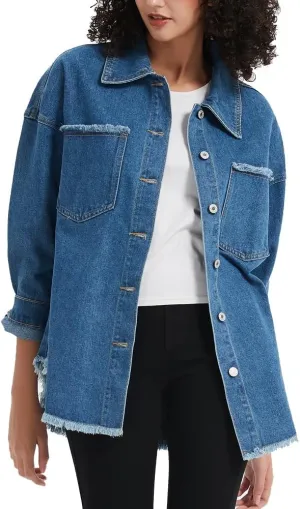 Kedera Women's Oversized Denim Jacket Casual Long Boyfriend Distresse Jean Shacket Jacket with Pockets