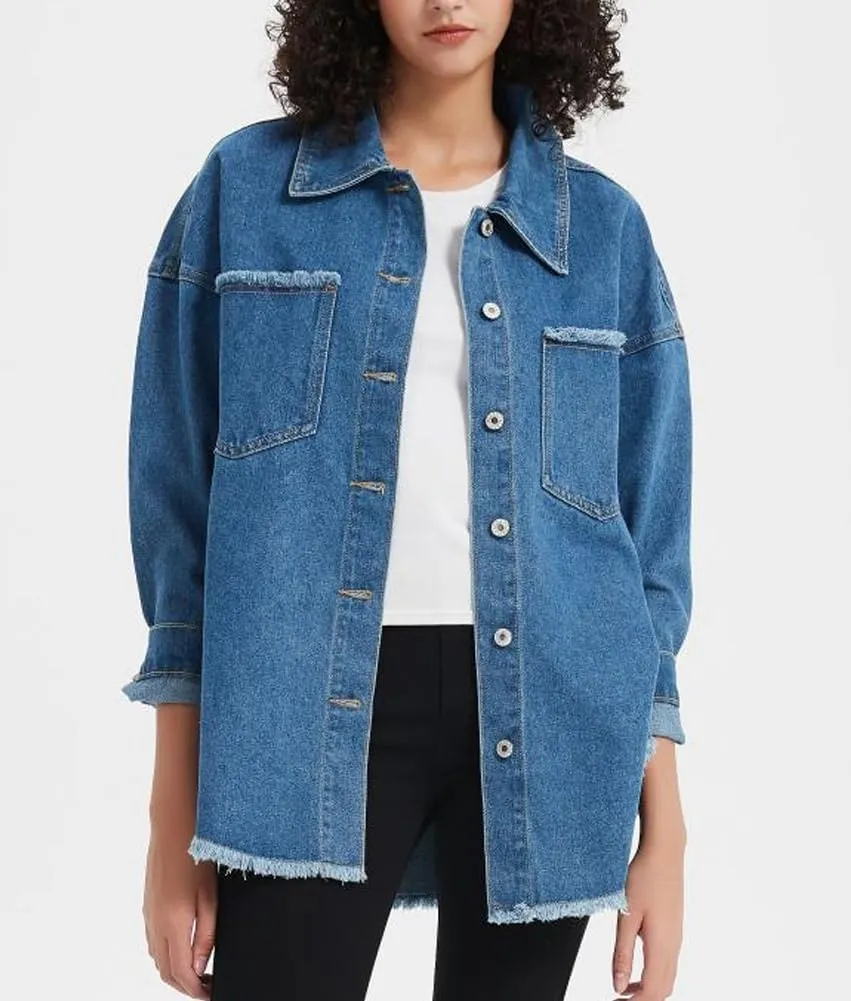 Kedera Women's Oversized Denim Jacket Casual Long Boyfriend Distresse Jean Shacket Jacket with Pockets