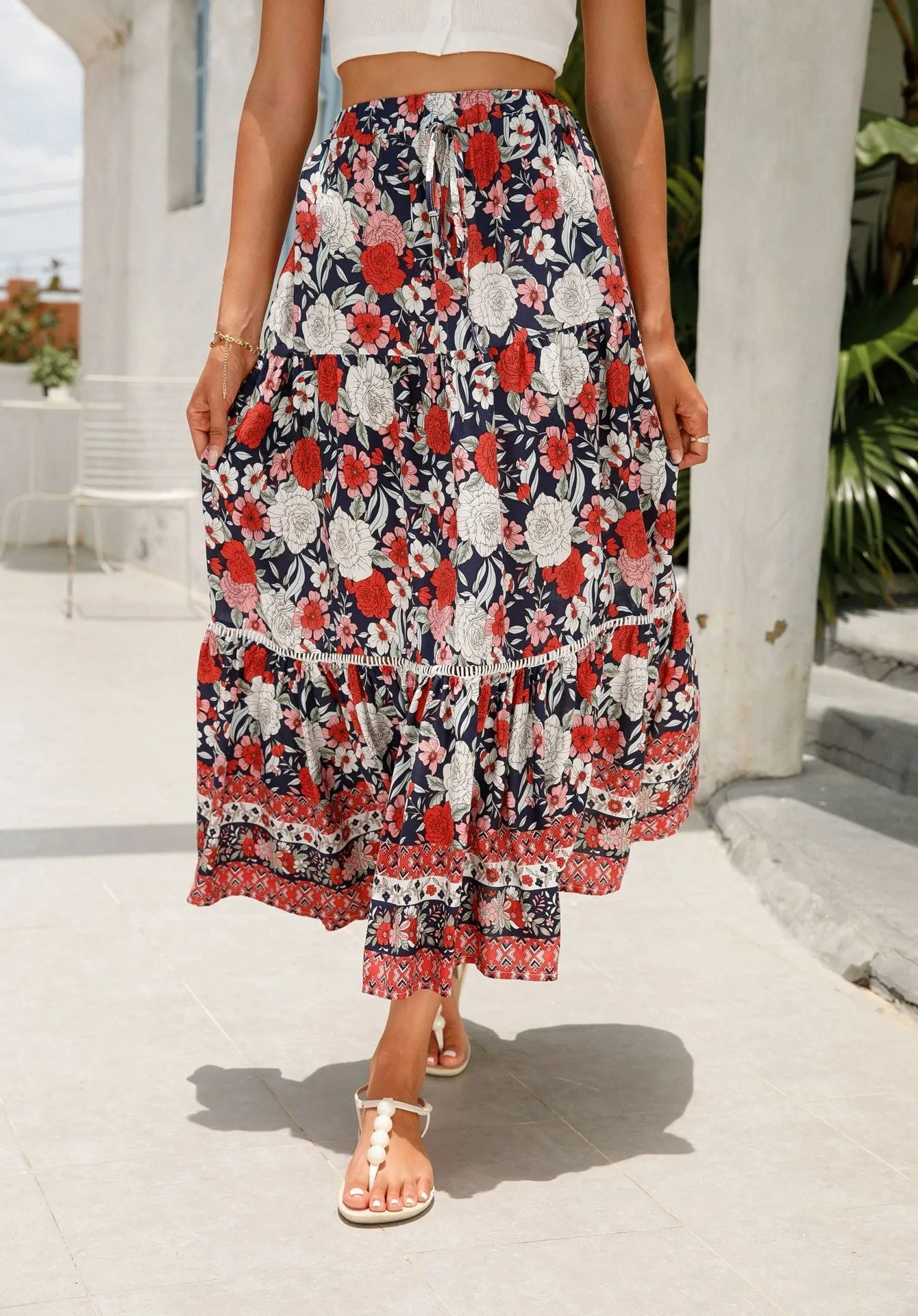 Lace-paneled maxi skirt man cotton bohemian beach resort-inspired skirt