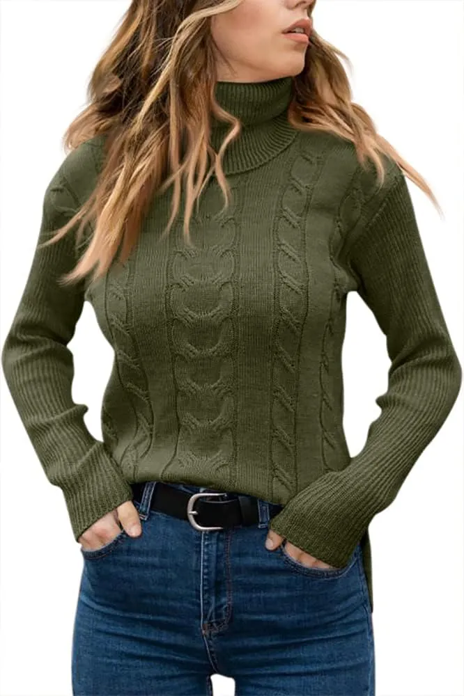 Langwyqu Womens' Turtleneck Long Sleeve Cable Knit Sweaters