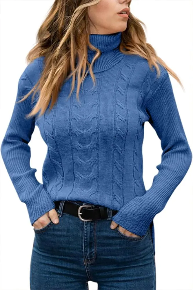 Langwyqu Womens' Turtleneck Long Sleeve Cable Knit Sweaters