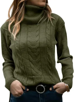 Langwyqu Womens' Turtleneck Long Sleeve Cable Knit Sweaters