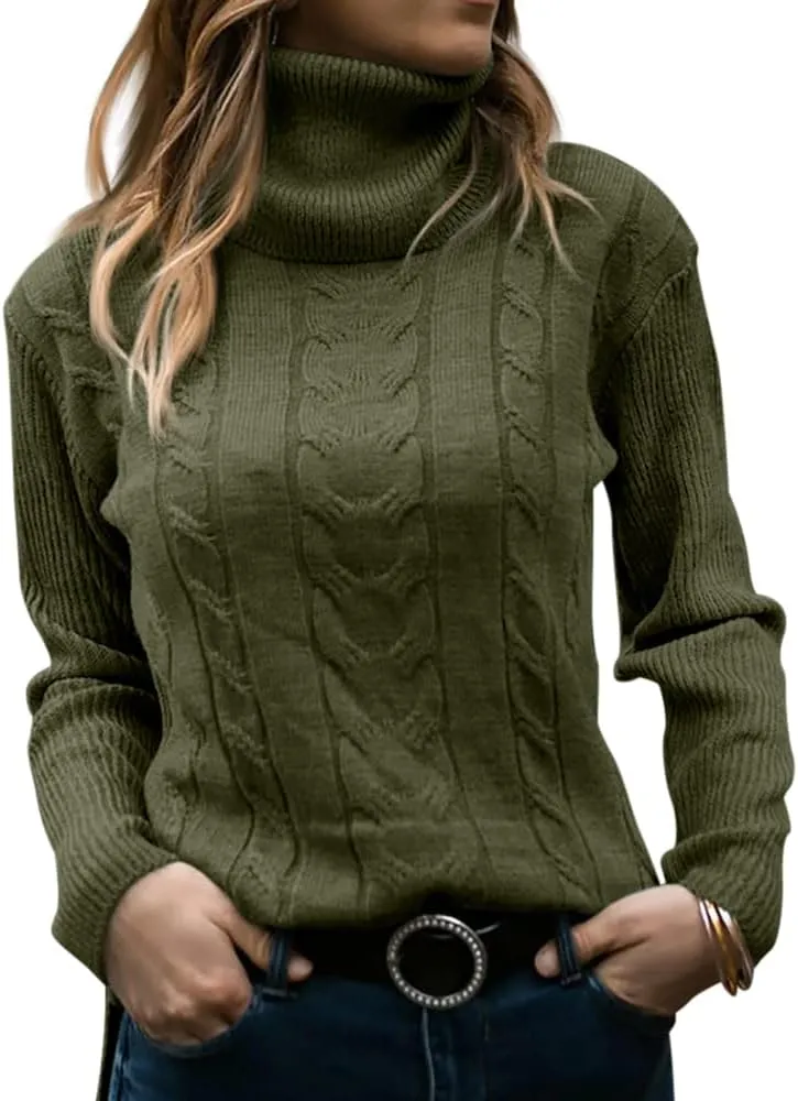 Langwyqu Womens' Turtleneck Long Sleeve Cable Knit Sweaters