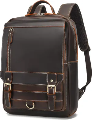 LANNSYNE Vintage Genuine Leather Backpack For Men Fits up to 16" Laptop Travel Hiking Rucksack