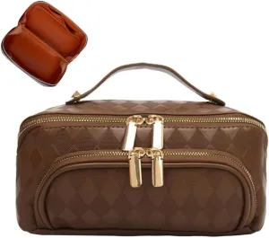 Large Capacity Checkered Makeup Bags Portable Travel Cosmetic Bags Open-Flat Toiletry Bag for Women Girls Make Up Organizer with Divider Pouch Zipper Bag (B-brown)
