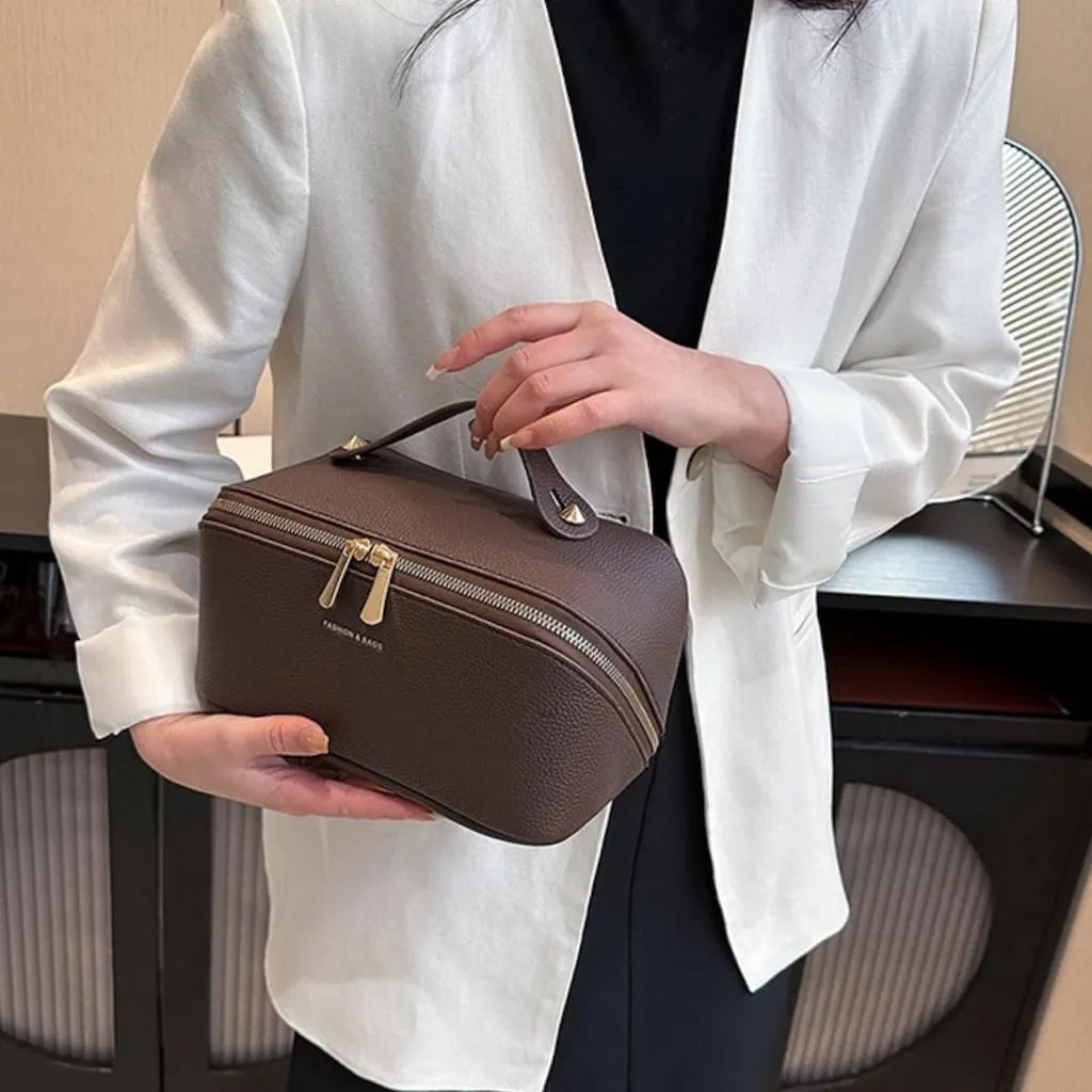 Large Capacity Checkered Makeup Bags Portable Travel Cosmetic Bags Open-Flat Toiletry Bag for Women Girls Make Up Organizer with Divider Pouch Zipper Bag (C-Dark Brown)