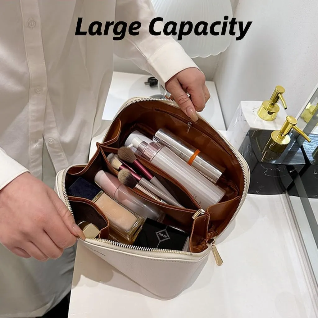 Large Capacity Checkered Makeup Bags Portable Travel Cosmetic Bags Open-Flat Toiletry Bag for Women Girls Make Up Organizer with Divider Pouch Zipper Bag (C-Dark Brown)