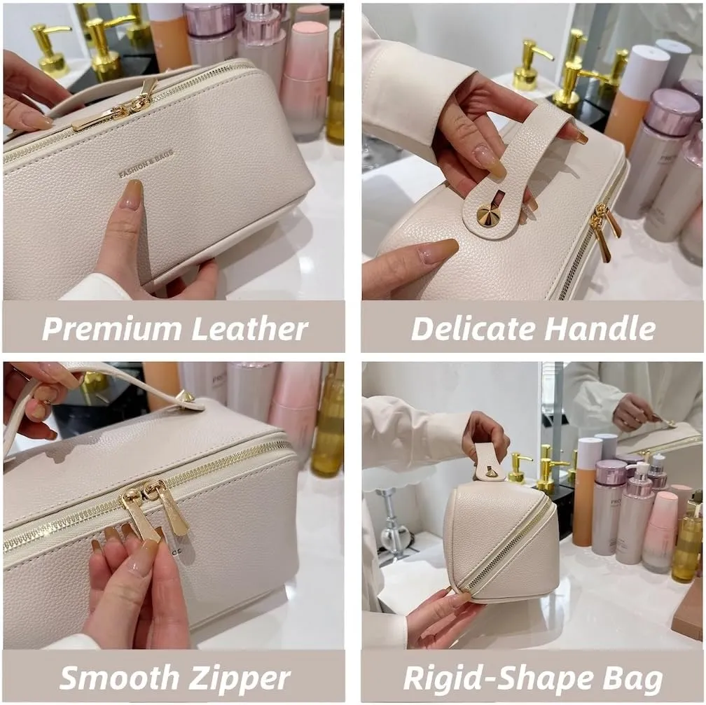Large Capacity Checkered Makeup Bags Portable Travel Cosmetic Bags Open-Flat Toiletry Bag for Women Girls Make Up Organizer with Divider Pouch Zipper Bag (C-Dark Brown)