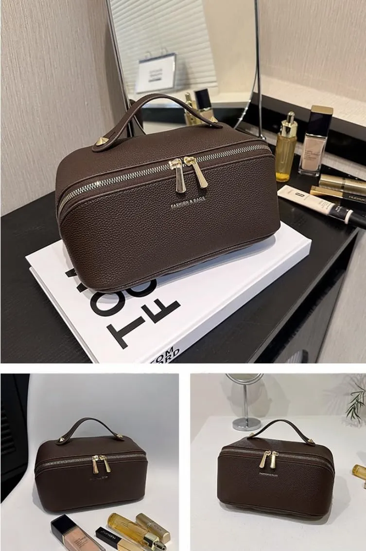 Large Capacity Checkered Makeup Bags Portable Travel Cosmetic Bags Open-Flat Toiletry Bag for Women Girls Make Up Organizer with Divider Pouch Zipper Bag (C-Dark Brown)