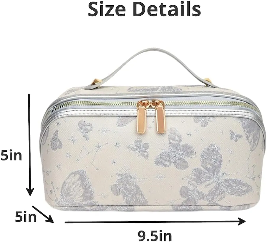 Large Capacity Makeup Bags Portable Travel Cosmetic Bag Open-Flat Toiletry Bag for Women Embroidery Make Up Bag Organizer with Divider Pouch Zipper Bags (Grey)