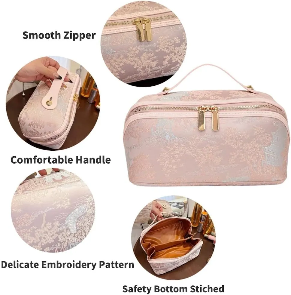 Large Capacity Makeup Bags Portable Travel Cosmetic Bag Open-Flat Toiletry Bag for Women Embroidery Make Up Bag Organizer with Divider Pouch Zipper Bags (Grey)
