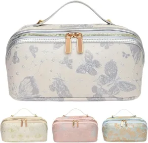 Large Capacity Makeup Bags Portable Travel Cosmetic Bag Open-Flat Toiletry Bag for Women Embroidery Make Up Bag Organizer with Divider Pouch Zipper Bags (Grey)