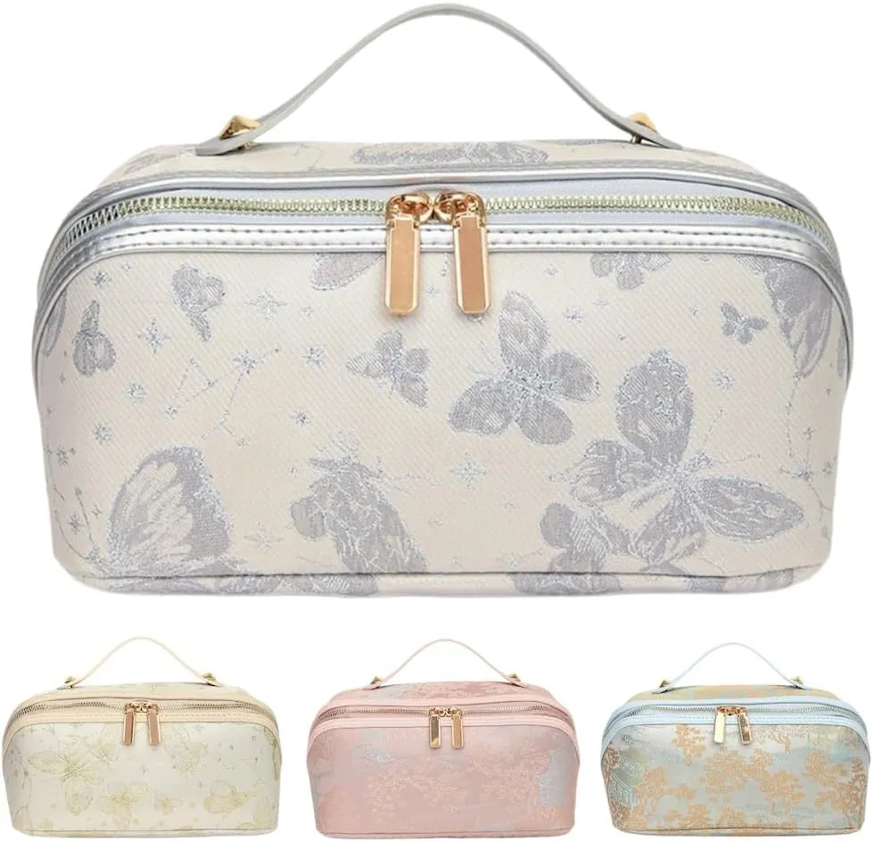 Large Capacity Makeup Bags Portable Travel Cosmetic Bag Open-Flat Toiletry Bag for Women Embroidery Make Up Bag Organizer with Divider Pouch Zipper Bags (Grey)