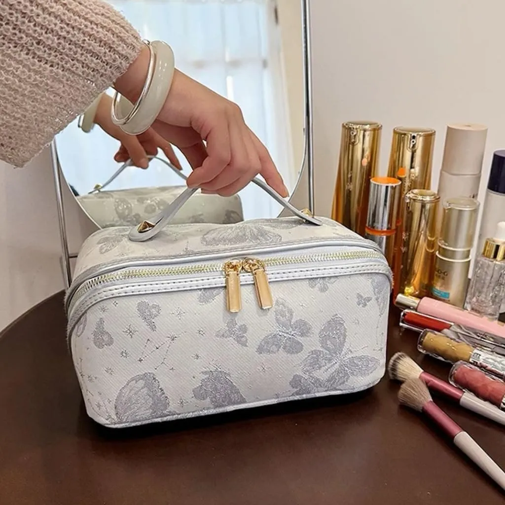 Large Capacity Makeup Bags Portable Travel Cosmetic Bag Open-Flat Toiletry Bag for Women Embroidery Make Up Bag Organizer with Divider Pouch Zipper Bags (Grey)