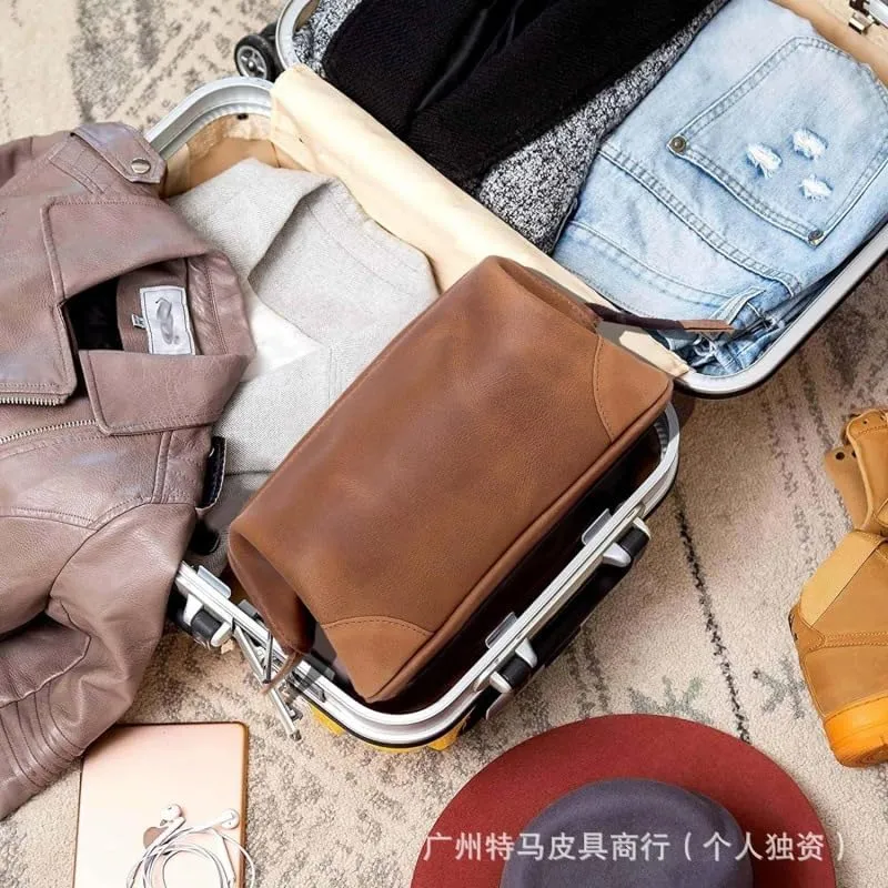 Leather Toiletry Bag for Men, Premium Genuine Leather Shaving Kit Organizer, Travel Kit Pouch Bag for Men, Large Size (Brown)(Brown)