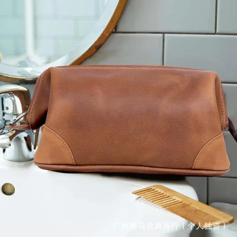 Leather Toiletry Bag for Men, Premium Genuine Leather Shaving Kit Organizer, Travel Kit Pouch Bag for Men, Large Size (Brown)(Brown)