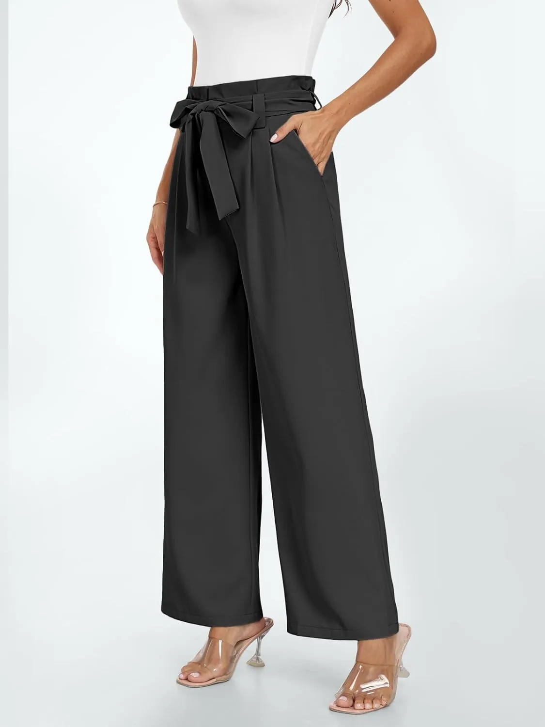 LILLUSORY Wide Leg Dress Pants Women's Paperbag High Waisted Business Casual Trousers with Removable Belt