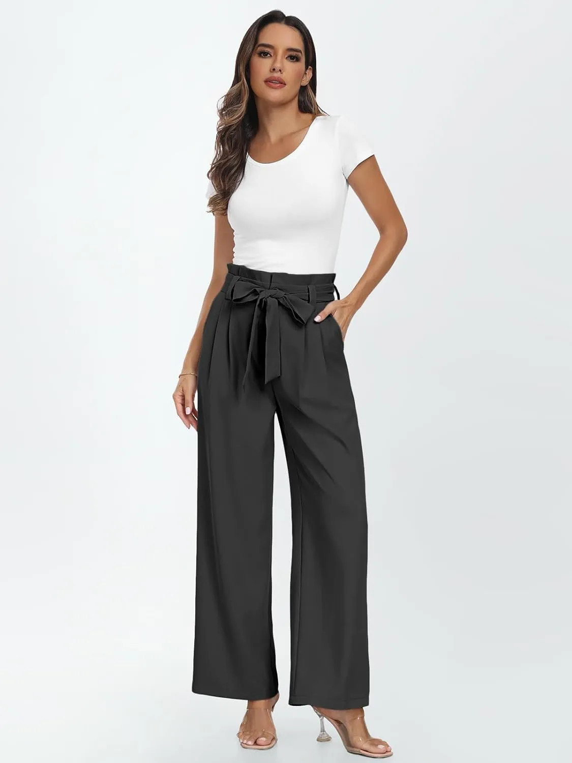 LILLUSORY Wide Leg Dress Pants Women's Paperbag High Waisted Business Casual Trousers with Removable Belt