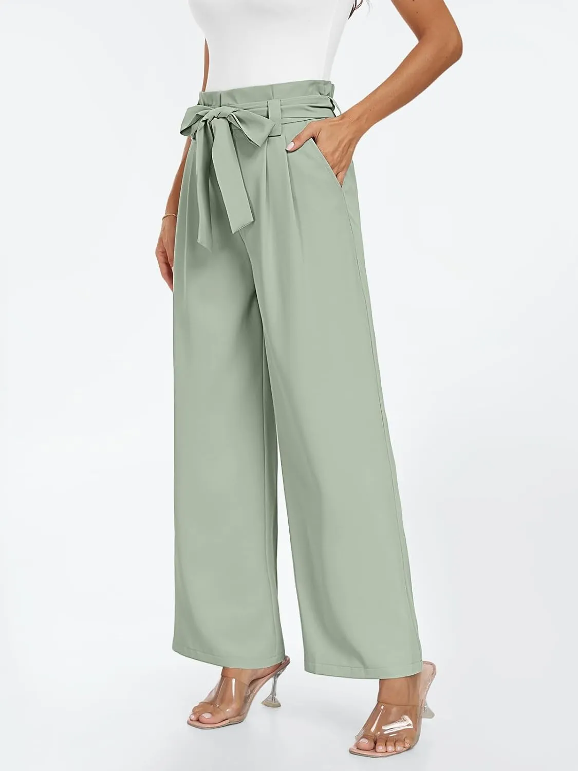LILLUSORY Wide Leg Dress Pants Women's Paperbag High Waisted Business Casual Trousers with Removable Belt