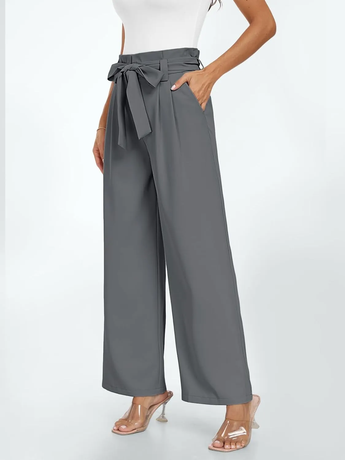 LILLUSORY Wide Leg Dress Pants Women's Paperbag High Waisted Business Casual Trousers with Removable Belt