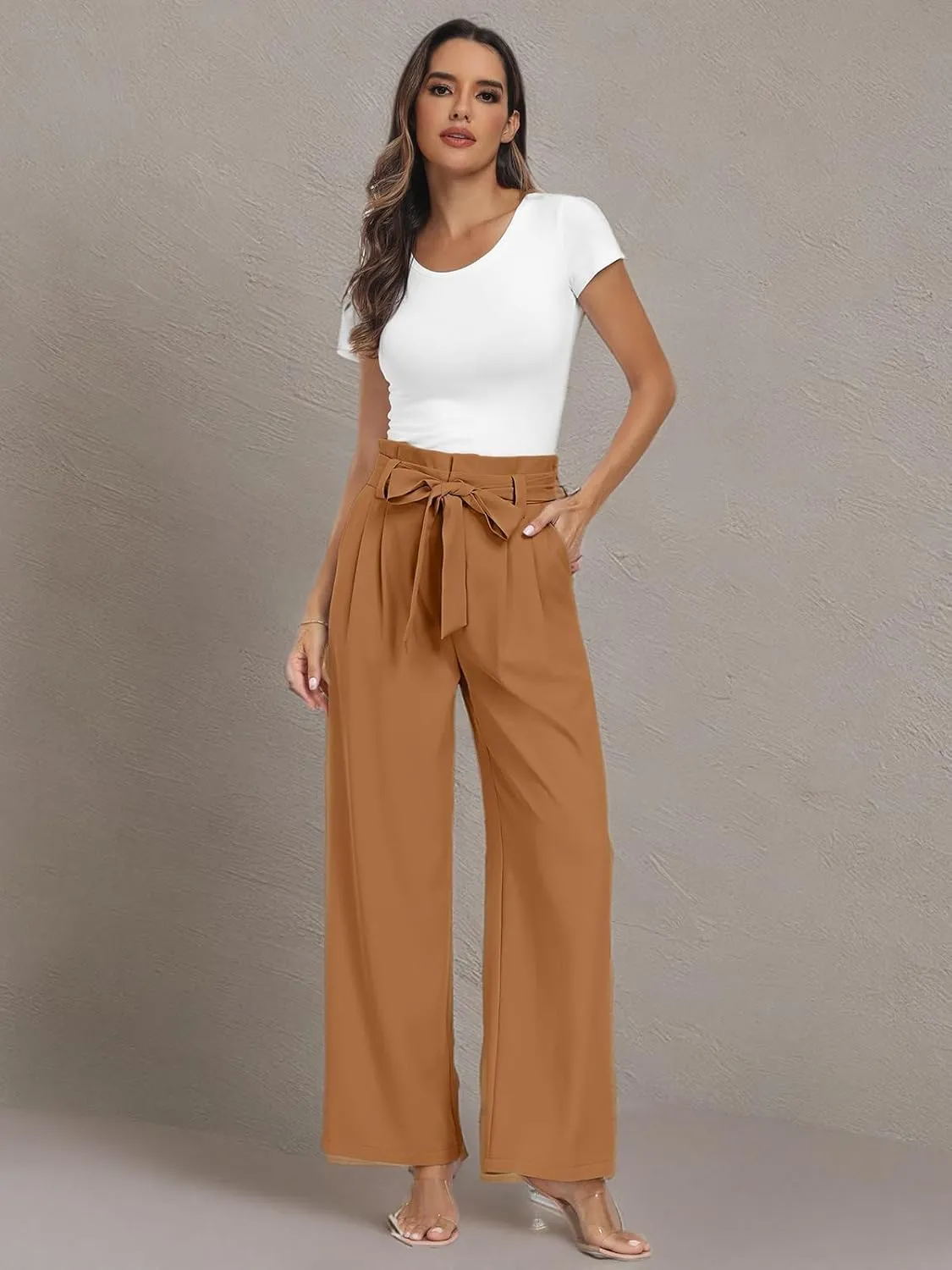 LILLUSORY Wide Leg Dress Pants Women's Paperbag High Waisted Business Casual Trousers with Removable Belt