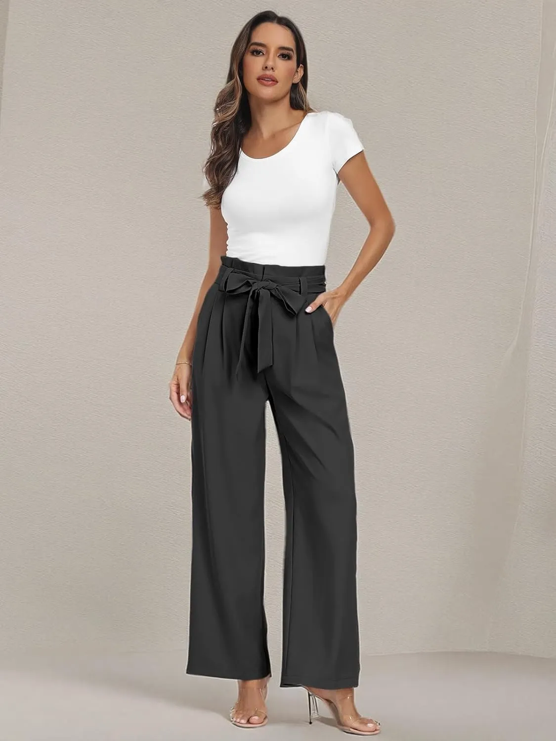 LILLUSORY Wide Leg Dress Pants Women's Paperbag High Waisted Business Casual Trousers with Removable Belt