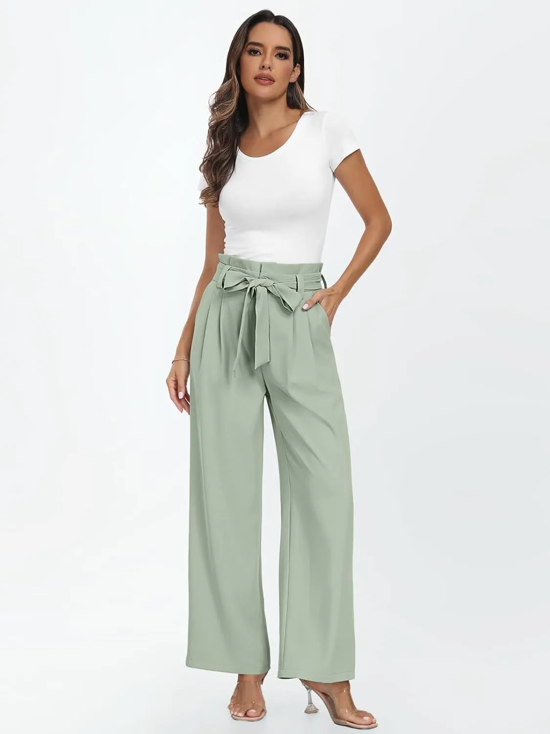 LILLUSORY Wide Leg Dress Pants Women's Paperbag High Waisted Business Casual Trousers with Removable Belt