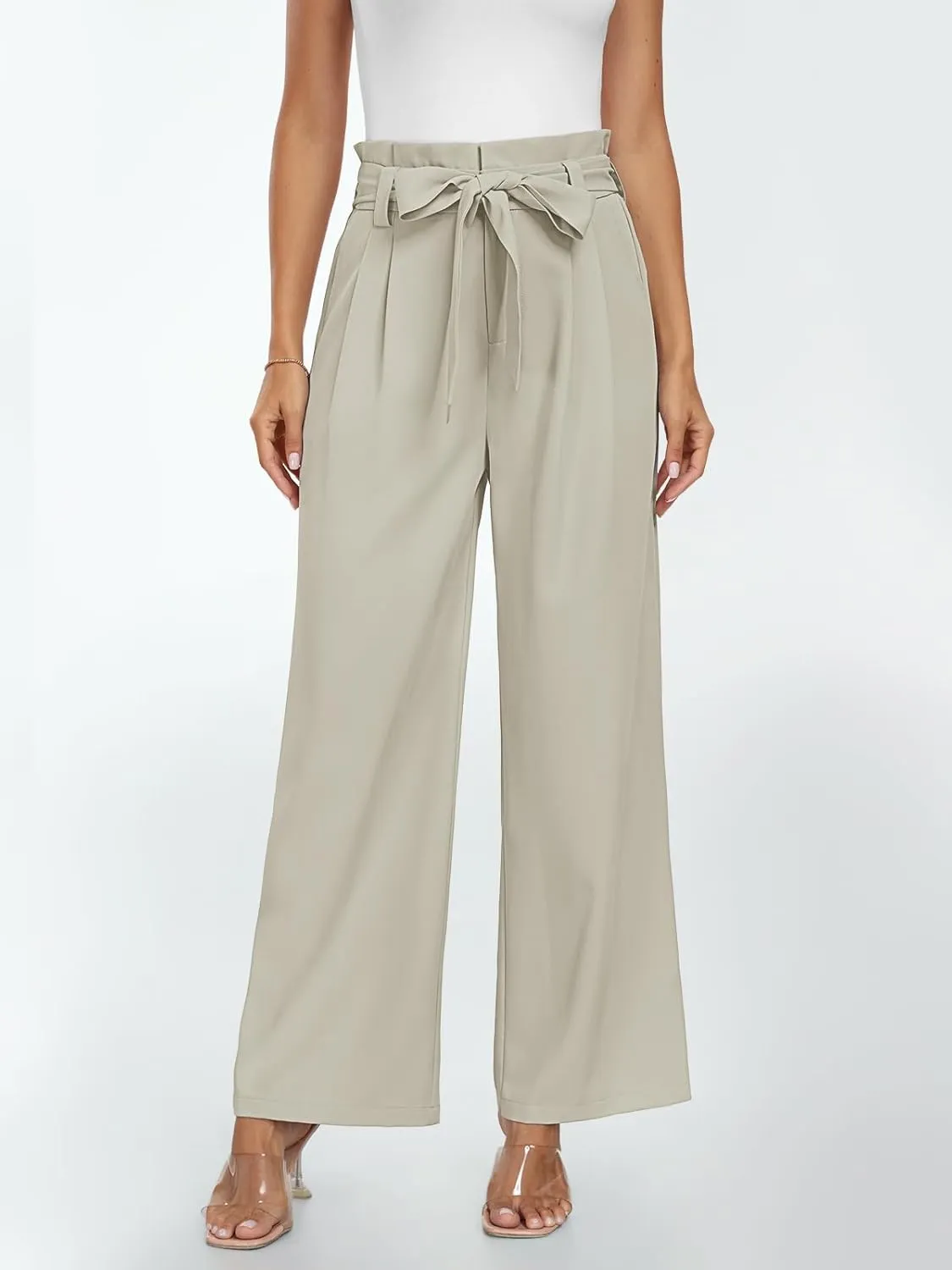 LILLUSORY Wide Leg Dress Pants Women's Paperbag High Waisted Business Casual Trousers with Removable Belt