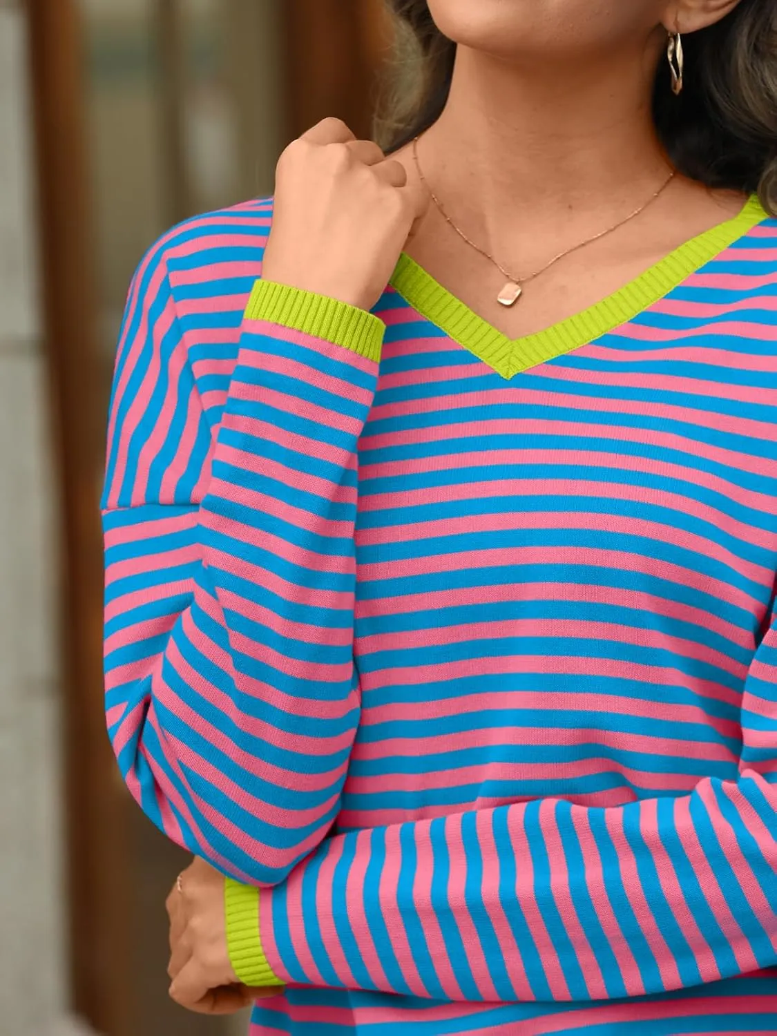 LILLUSORY Womens Sweaters Striped V Neck Oversized Lightweight Pullover Fall Outfits Fashion 2025 Cute Drop Shoulder Clothes