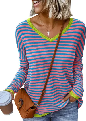LILLUSORY Womens Sweaters Striped V Neck Oversized Lightweight Pullover Fall Outfits Fashion 2025 Cute Drop Shoulder Clothes