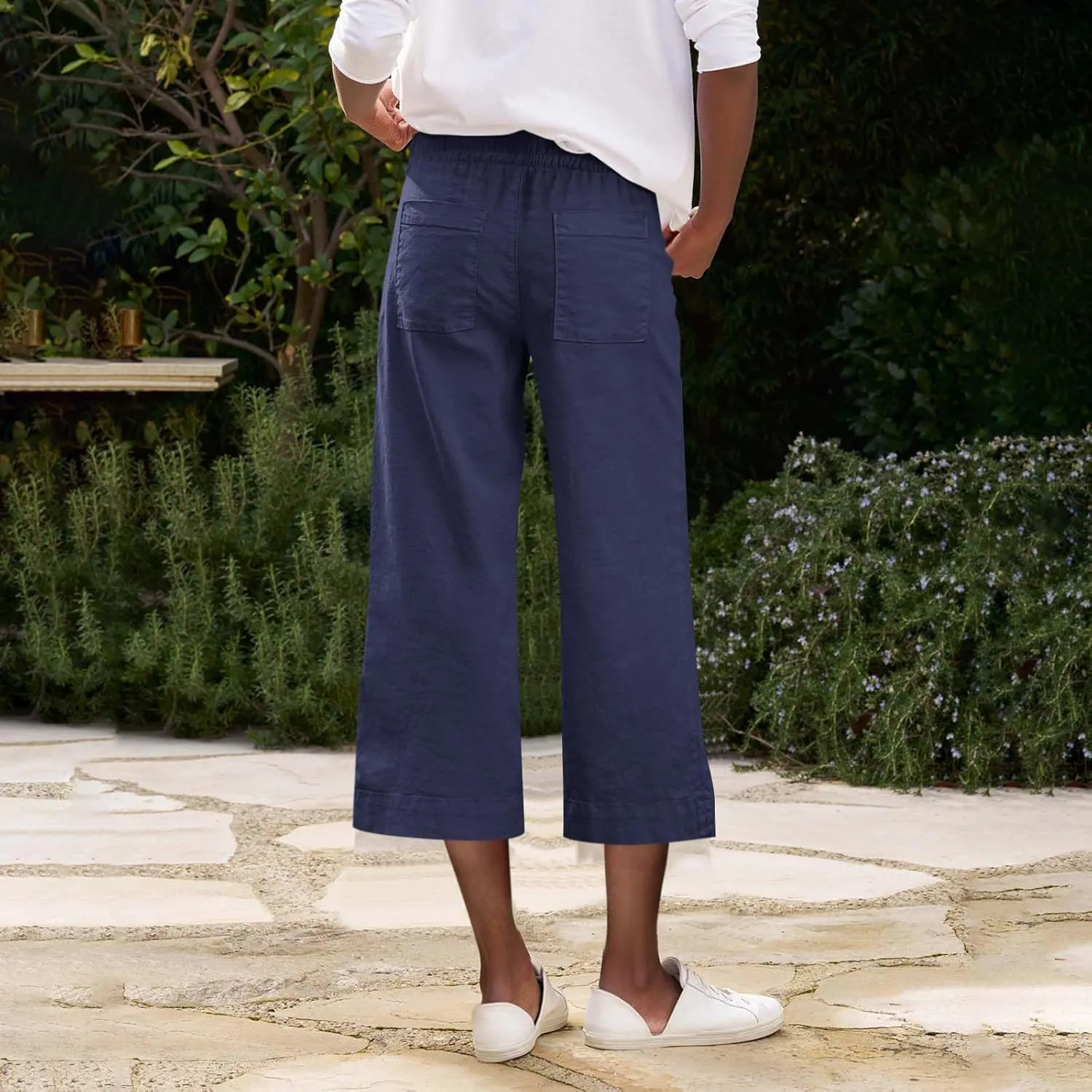 Linen Capri Pants for Women Casual High Waisted Cropped Wide Leg Trousers Lightweight Comfy Beach Pants with Pockets