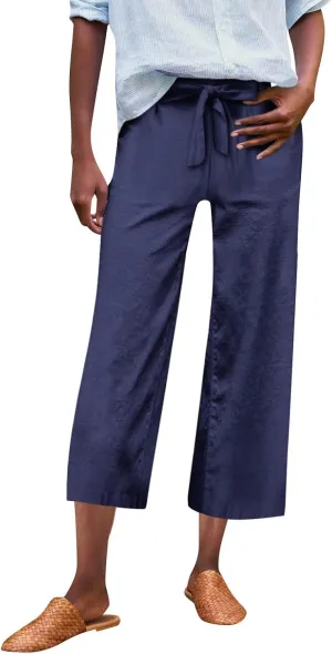 Linen Capri Pants for Women Casual High Waisted Cropped Wide Leg Trousers Lightweight Comfy Beach Pants with Pockets
