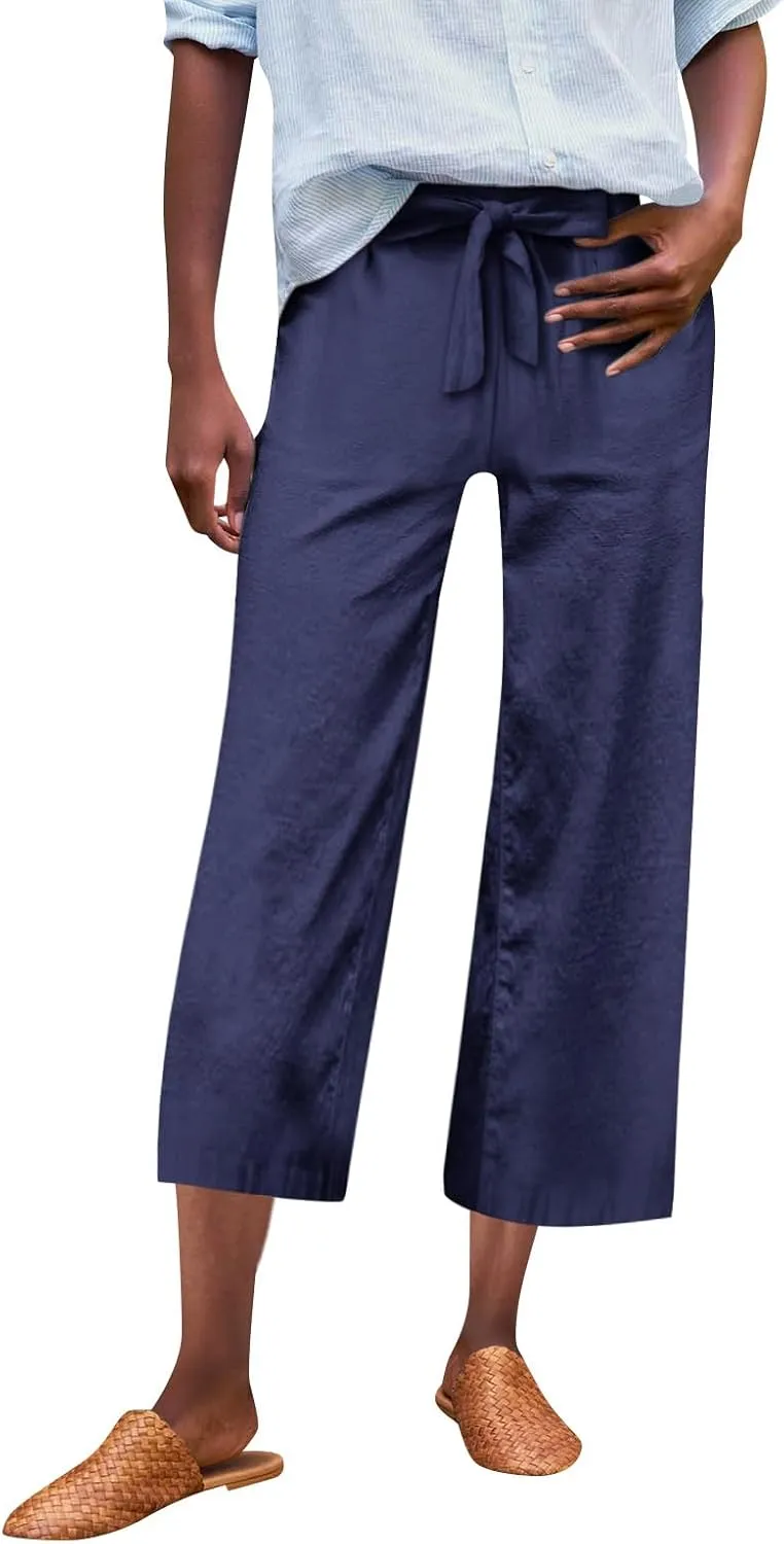 Linen Capri Pants for Women Casual High Waisted Cropped Wide Leg Trousers Lightweight Comfy Beach Pants with Pockets