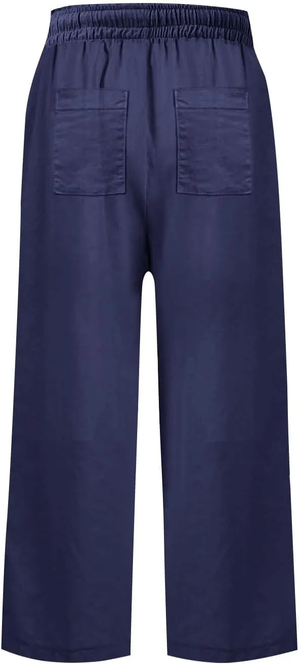 Linen Capri Pants for Women Casual High Waisted Cropped Wide Leg Trousers Lightweight Comfy Beach Pants with Pockets