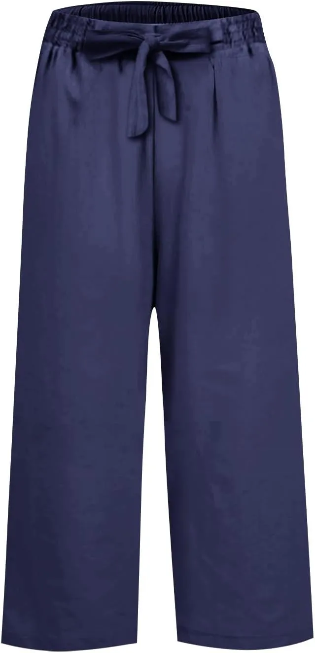 Linen Capri Pants for Women Casual High Waisted Cropped Wide Leg Trousers Lightweight Comfy Beach Pants with Pockets
