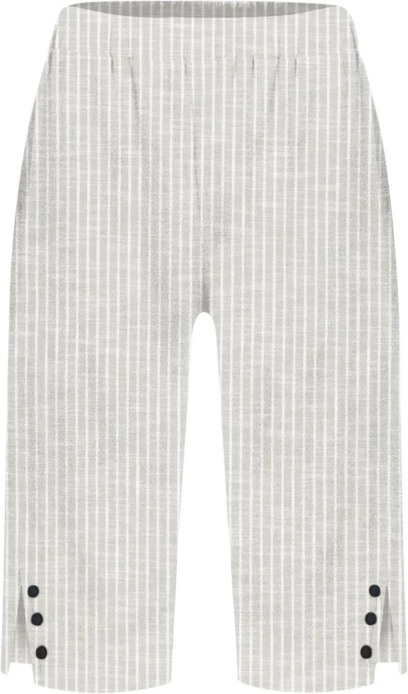 Linen Capri Pants for Women Casual Summer Retro Stripe Bermuda Shorts Light Weight Knee Length Plus Size Trousers