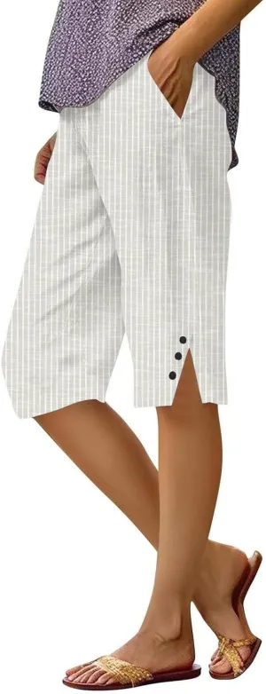 Linen Capri Pants for Women Casual Summer Retro Stripe Bermuda Shorts Light Weight Knee Length Plus Size Trousers