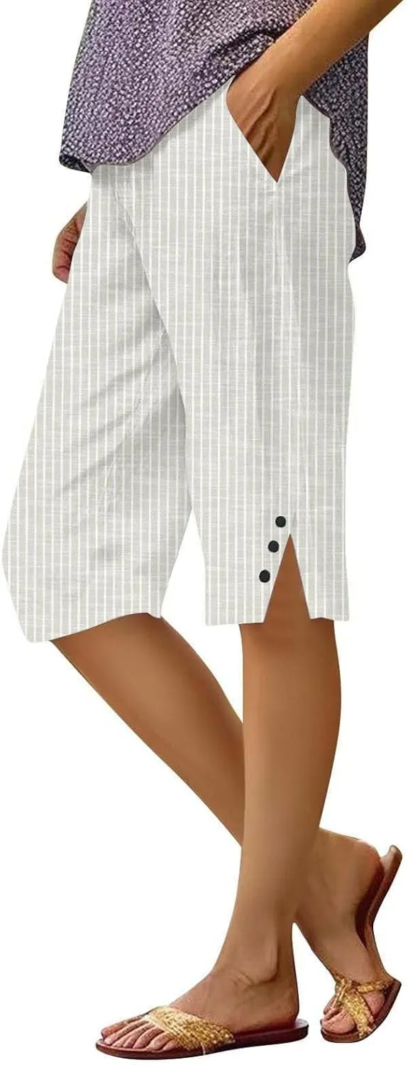 Linen Capri Pants for Women Casual Summer Retro Stripe Bermuda Shorts Light Weight Knee Length Plus Size Trousers