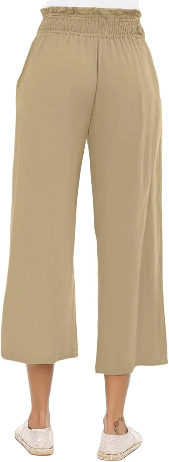 Linen Capri Pants for Women Smocked Elastic Waist Cropped Palazzo Trouser Casual Summer Flowy Beach Pants with Pockets