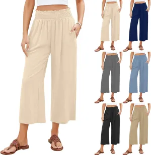 Linen Capri Pants for Women Smocked Elastic Waist Cropped Palazzo Trouser Casual Summer Flowy Beach Pants with Pockets