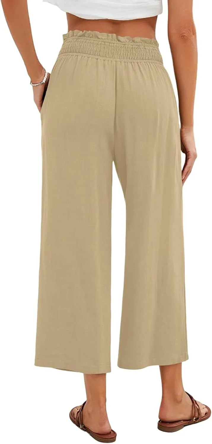 Linen Capri Pants for Women Smocked Elastic Waist Cropped Palazzo Trouser Casual Summer Flowy Beach Pants with Pockets