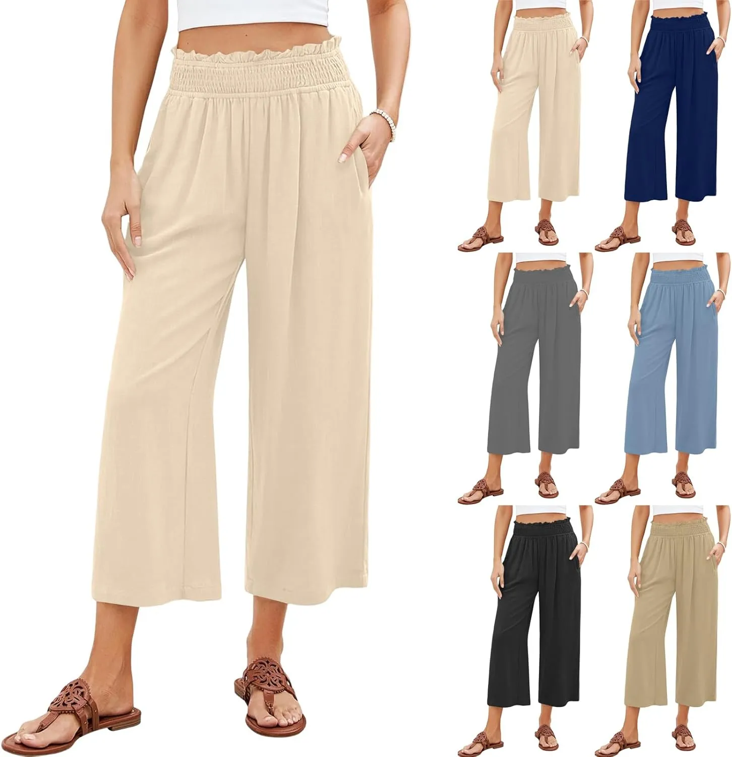 Linen Capri Pants for Women Smocked Elastic Waist Cropped Palazzo Trouser Casual Summer Flowy Beach Pants with Pockets