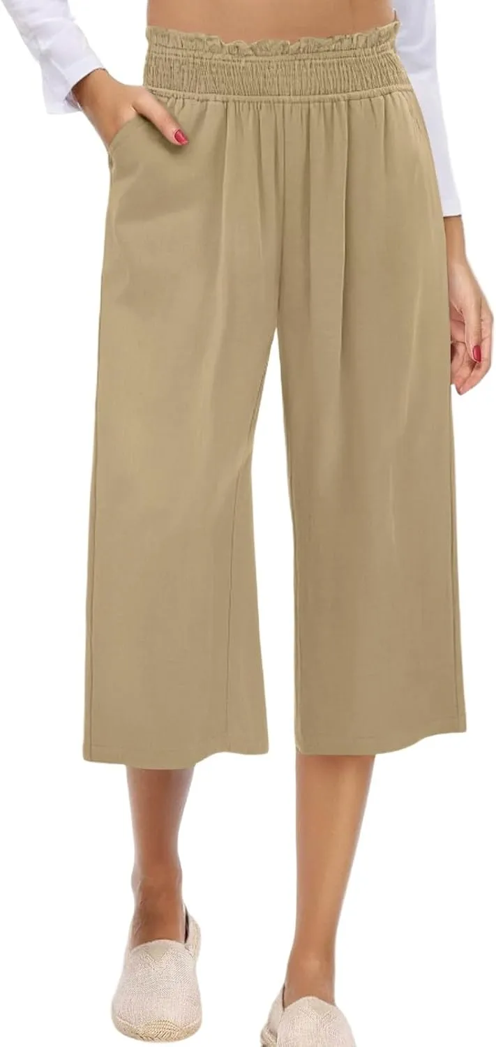 Linen Capri Pants for Women Smocked Elastic Waist Cropped Palazzo Trouser Casual Summer Flowy Beach Pants with Pockets