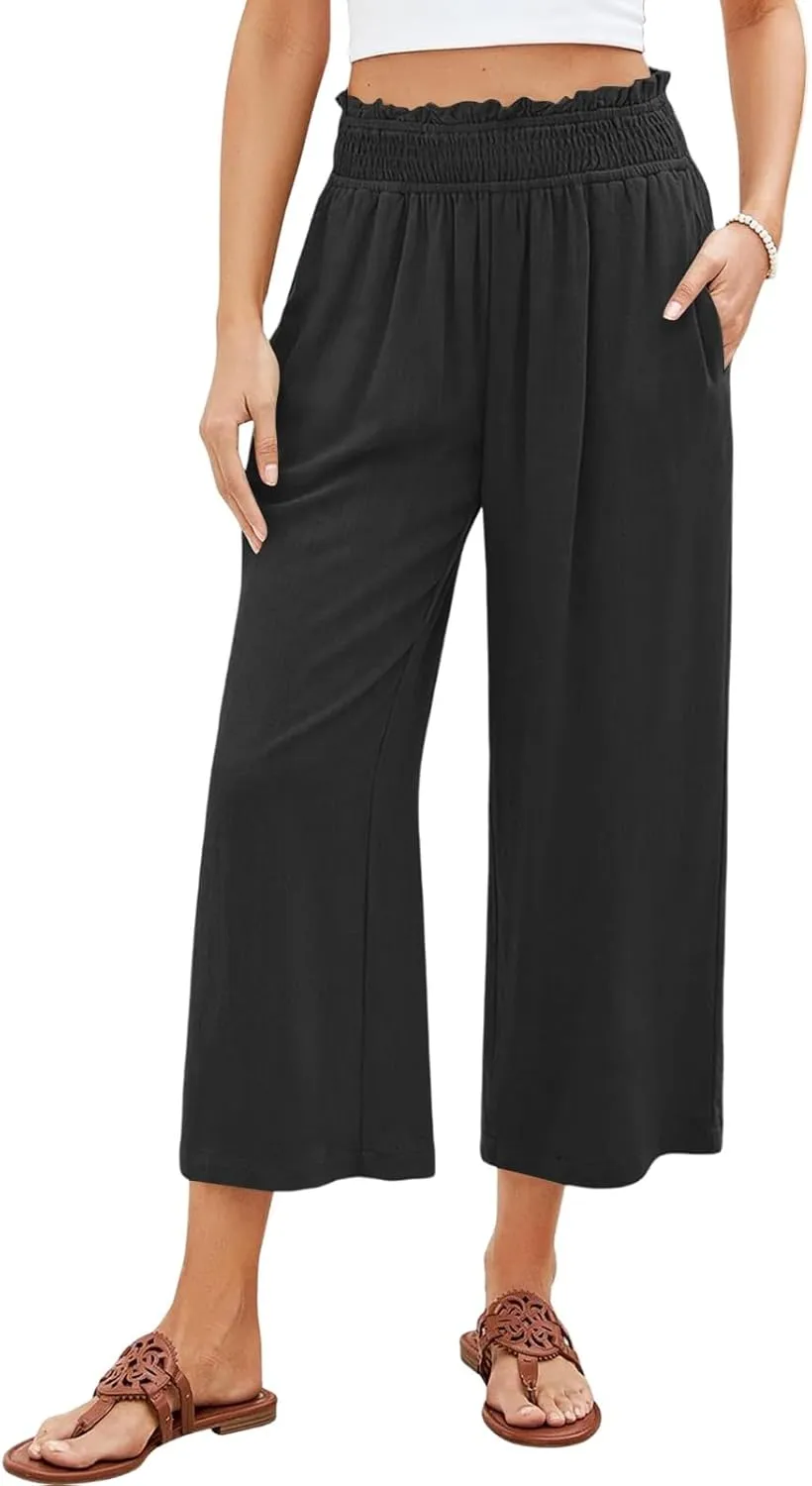 Linen Capri Pants for Women Smocked Elastic Waist Cropped Palazzo Trouser Casual Summer Flowy Beach Pants with Pockets
