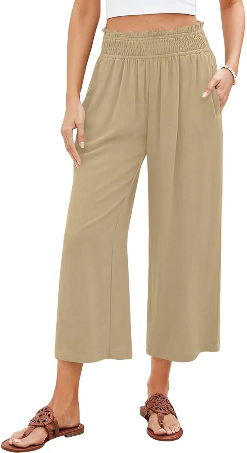 Linen Capri Pants for Women Smocked Elastic Waist Cropped Palazzo Trouser Casual Summer Flowy Beach Pants with Pockets